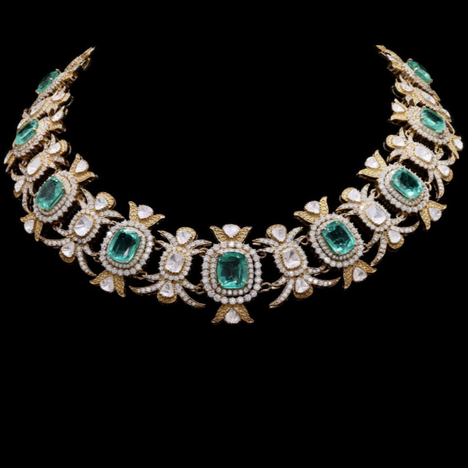 925 Silver Victorian Bridal Moissanite with Lab Grown Emeralds & Polki Necklace
