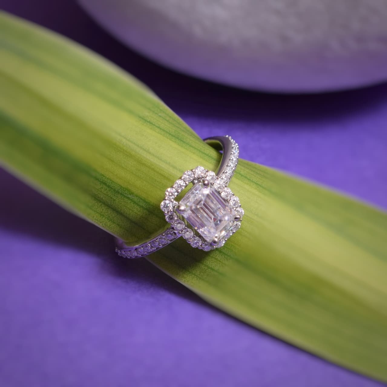 Emerald Solitaire Ring with Crown Halo in Moissanite with Sterling Silver