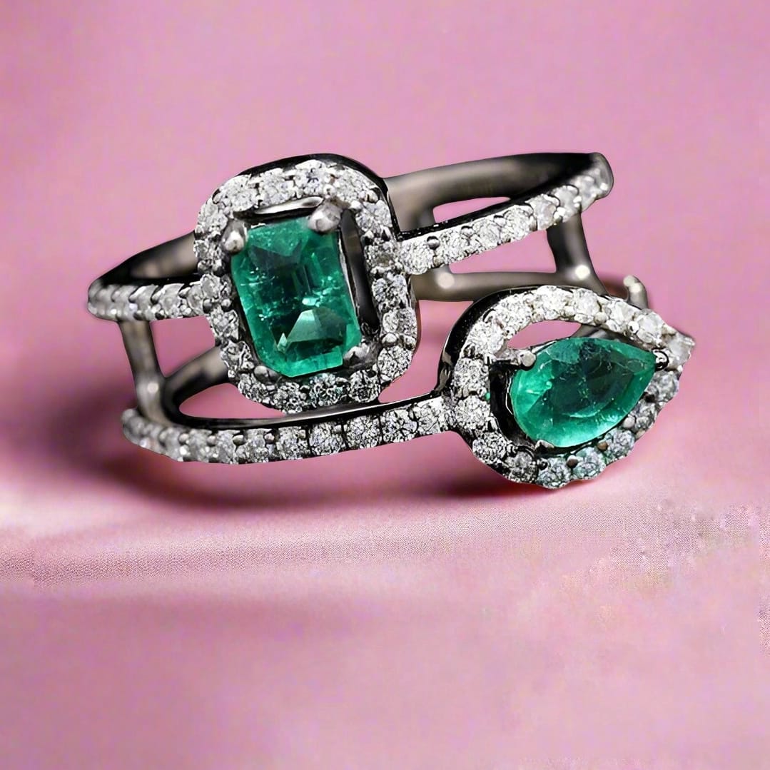 Lab Grown Emerald Baguette Ring in Sterling Silver with Moissanite