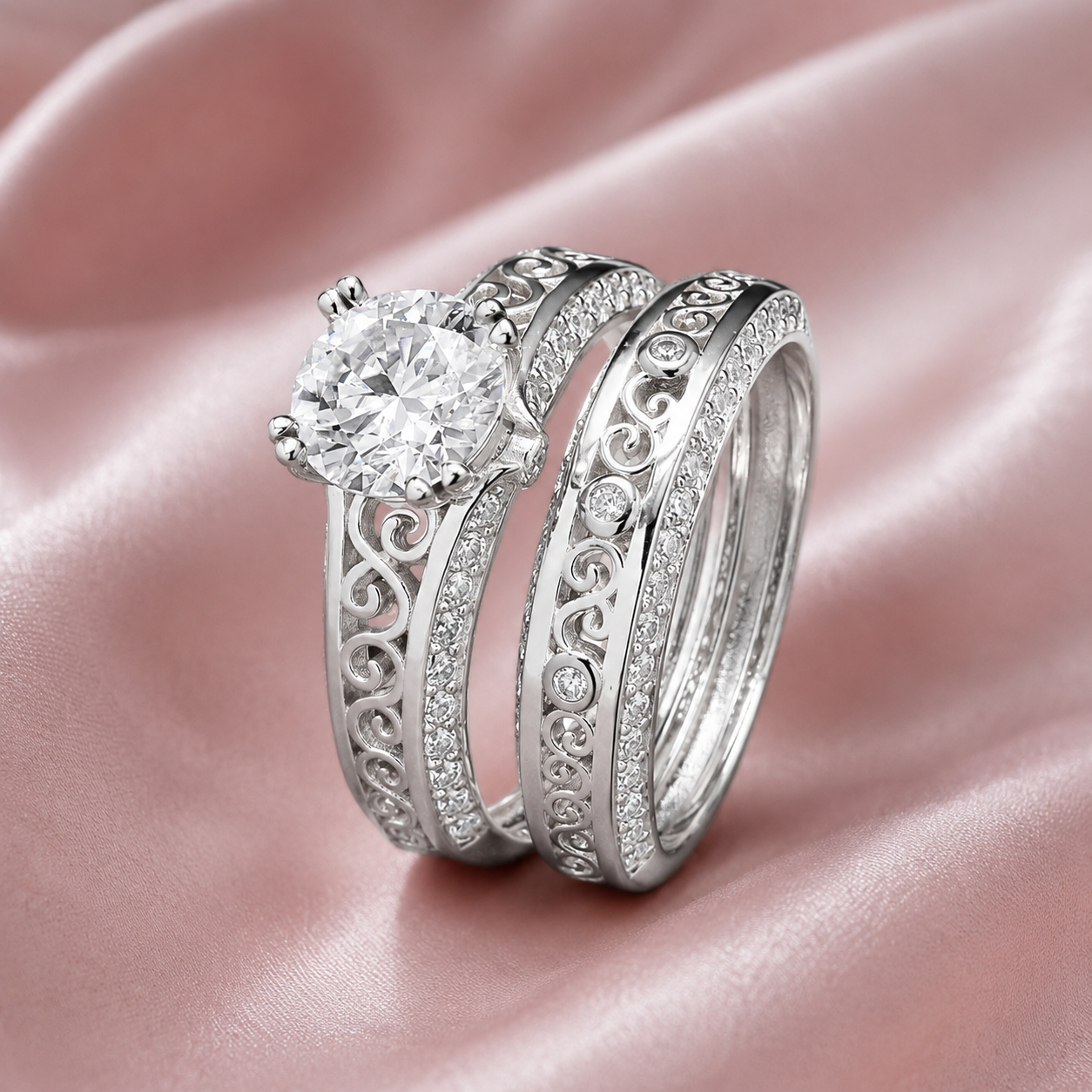 Elegant design Filigree Engagement Ring with Moissanite in Sterling Silver