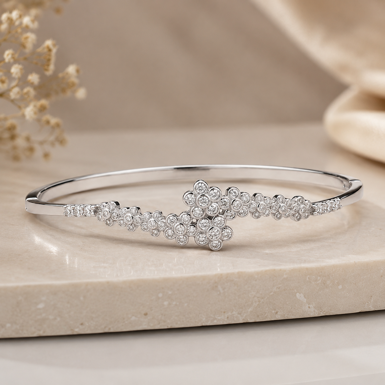 Flower Shaped Moissanite Bracelet kada in 925 Silver