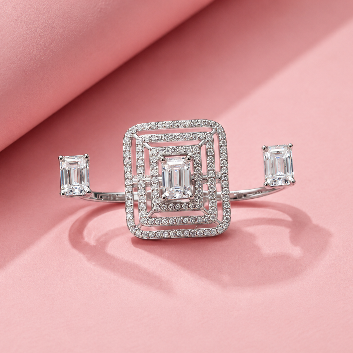 Sterling Silver with Moissanite 3 Finger Ring