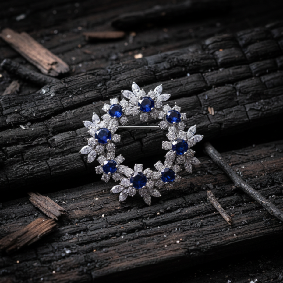 Round Blue Stone Moissanite Brooch for Men