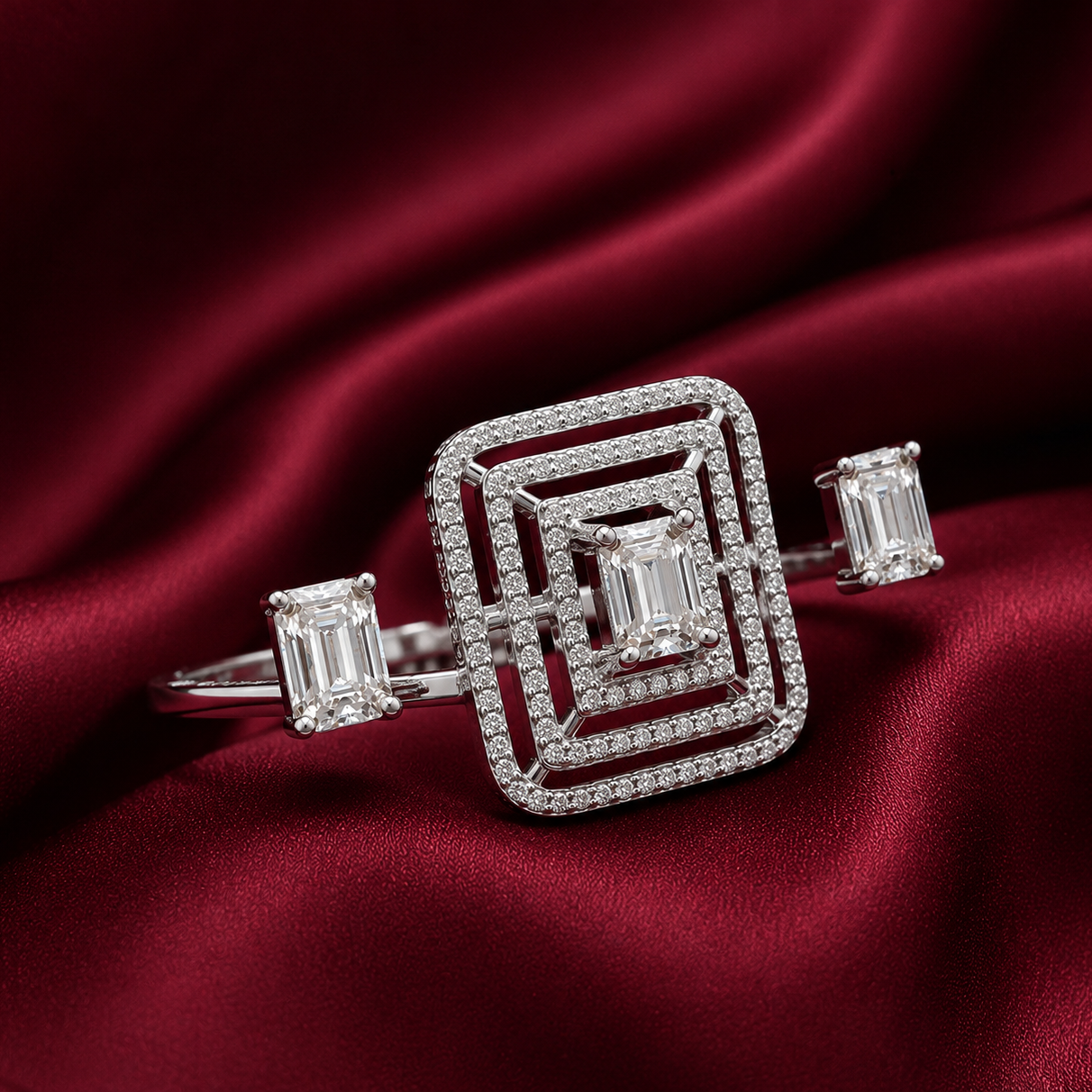 Sterling Silver with Moissanite 3 Finger Ring