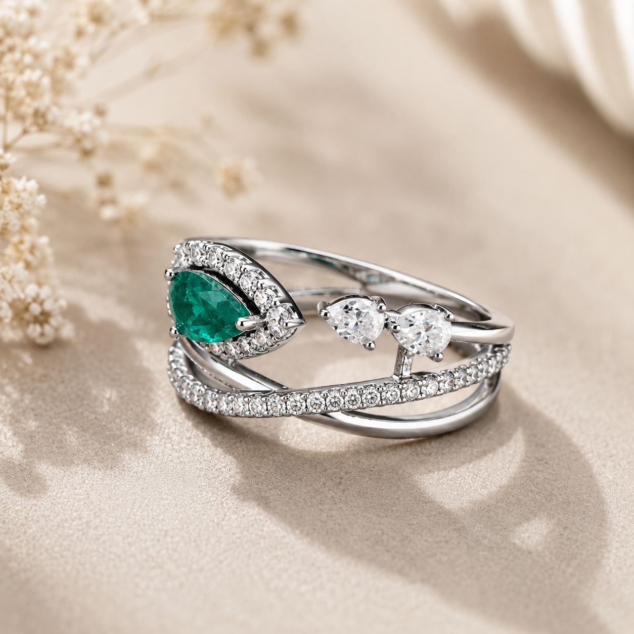 Lab Grown Emerald Pear with Moissanite in Sterling Silver Ring