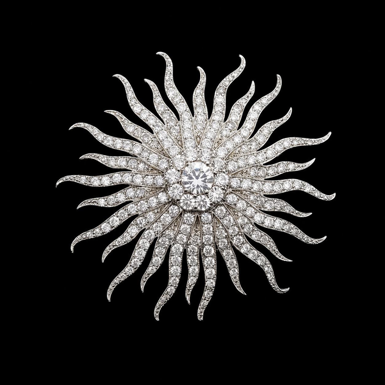 Sun Brooch in 925 Sterling Silver with Moissanite Stones