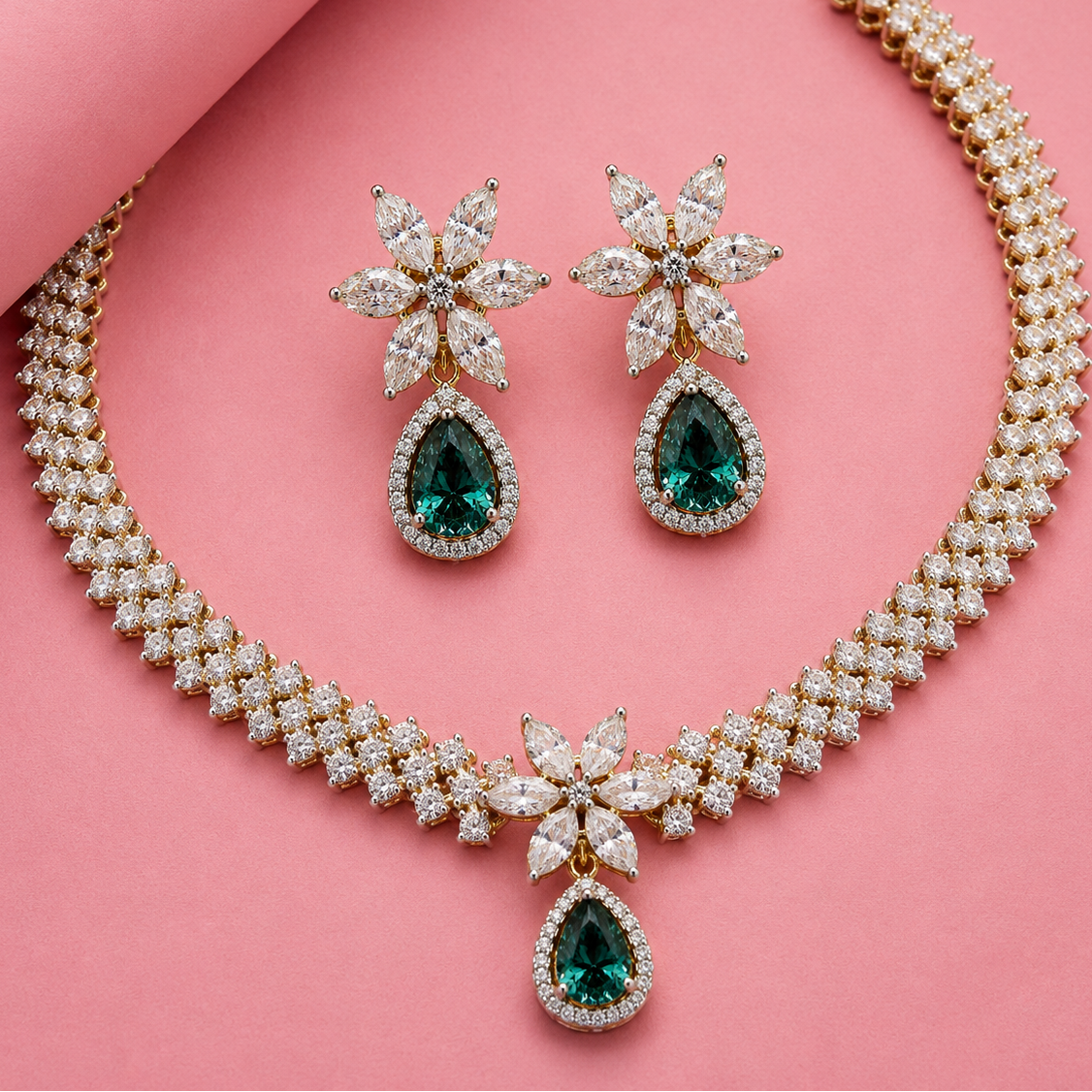 Lab Grown Emerald with Moissanite Floral Drop Necklace Set in Silver, Perfect for wedding