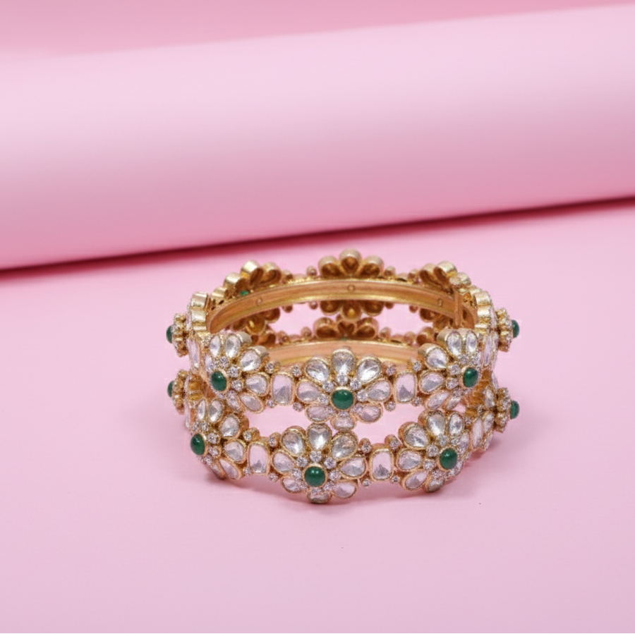 Majestic Moissanite Polki Bangles in 925 Silver with Gold Plating