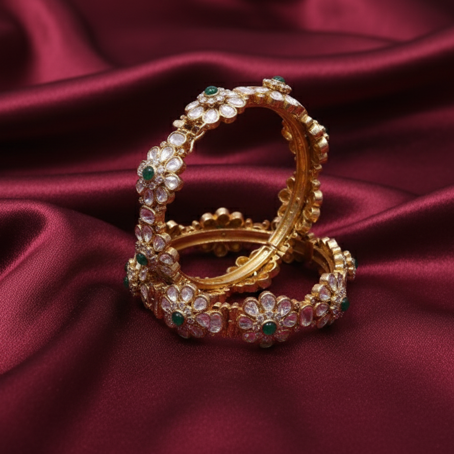Majestic Moissanite Polki Bangles in 925 Silver with Gold Plating