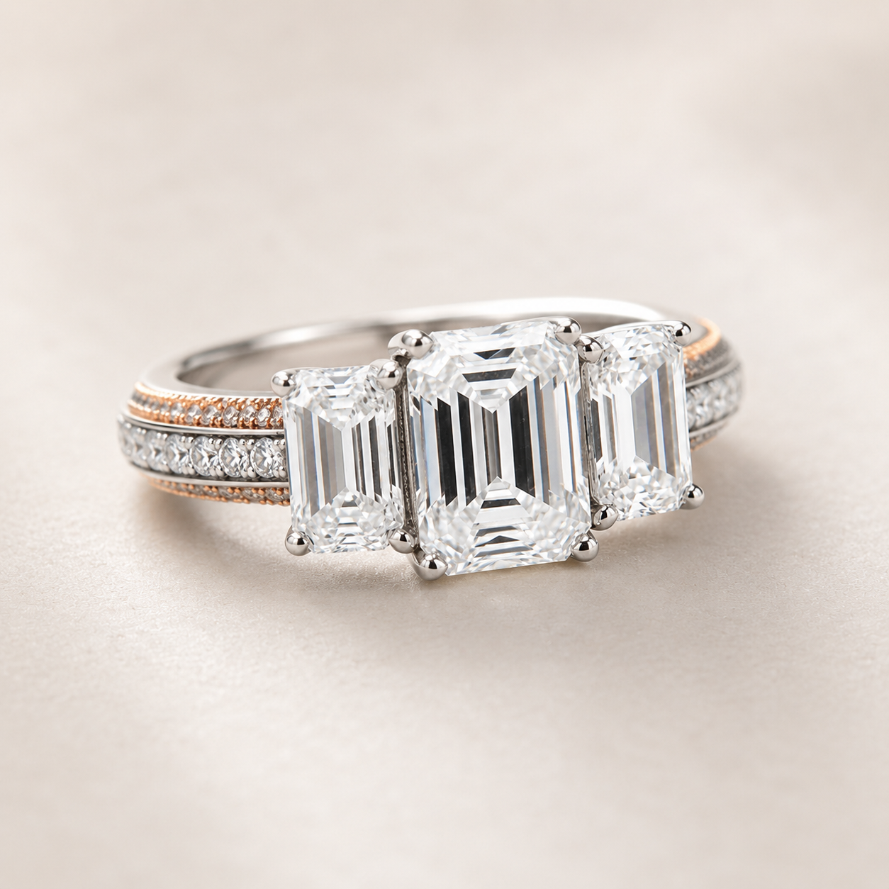 3 stone Engagement Emerald cut Ring with Moissanite in Sterling Silver