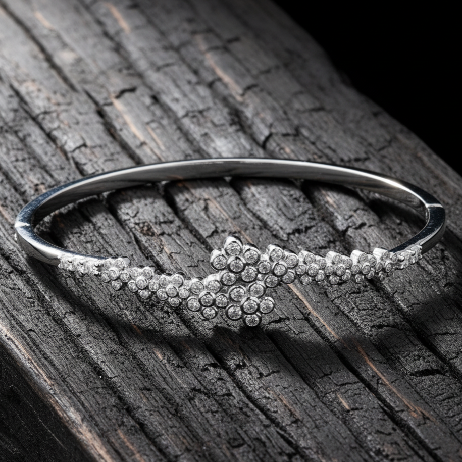 Flower Shaped Moissanite Bracelet kada in 925 Silver
