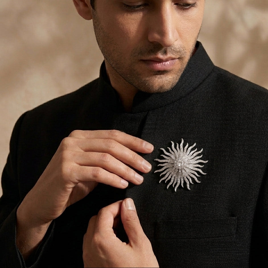 Sun Brooch in 925 Sterling Silver with Moissanite Stones