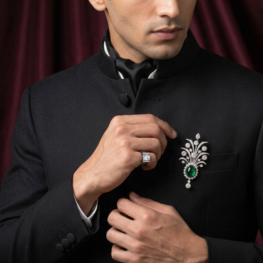 Statement Lab Grown Gemstone with Moissanite Diamond Brooch + Kalangi in 925 Silver
