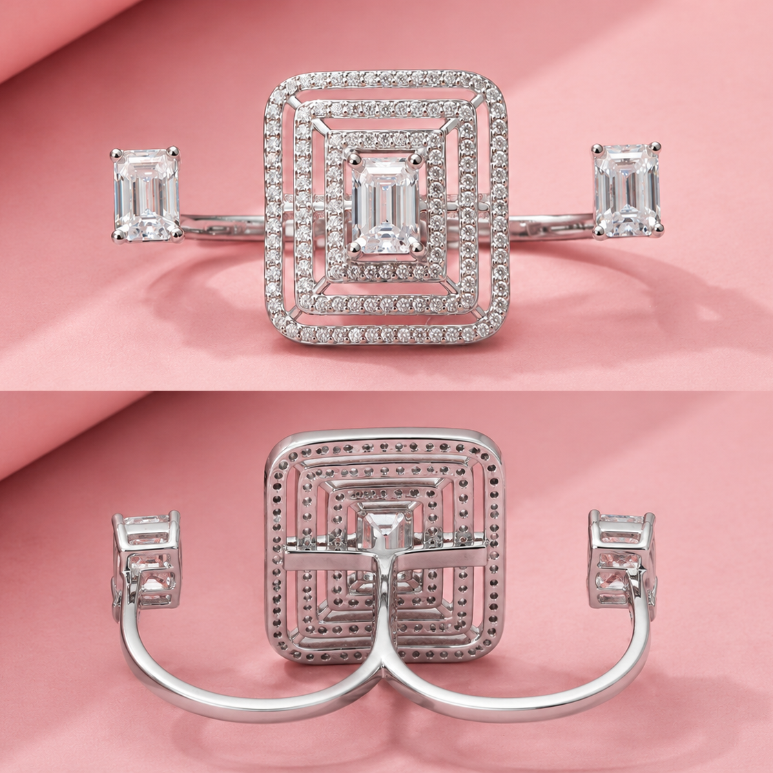 Sterling Silver with Moissanite 3 Finger Ring