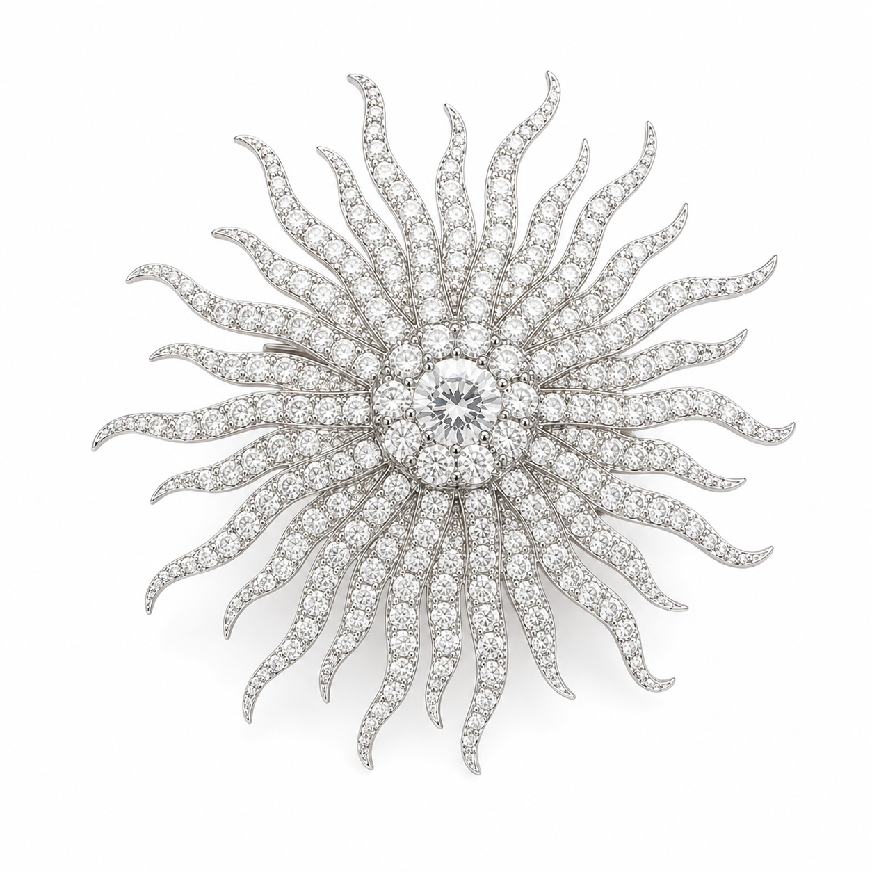 Sun Brooch in 925 Sterling Silver with Moissanite Stones