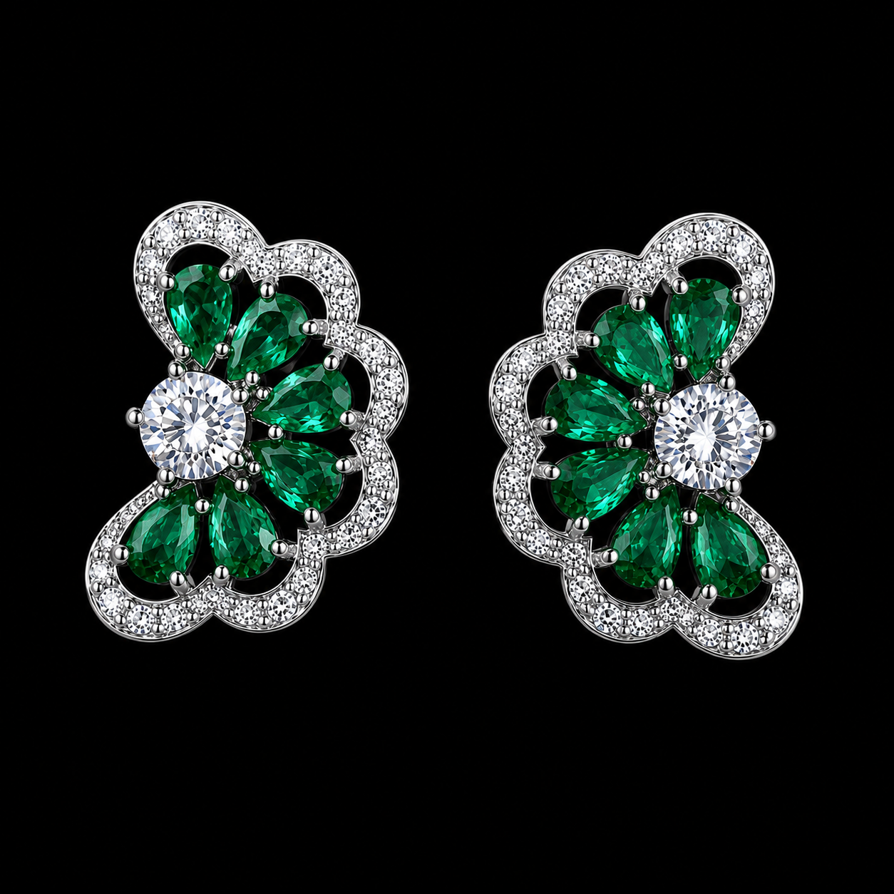 Lab Grown Emerald Demi-Bloom Studs Earrings in Sterling Silver with Moissanite