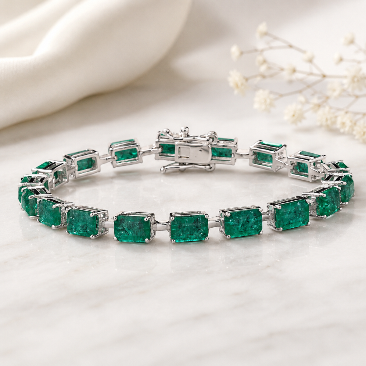Lab Grown Emerald Tennis Bracelet in Sterling Silver