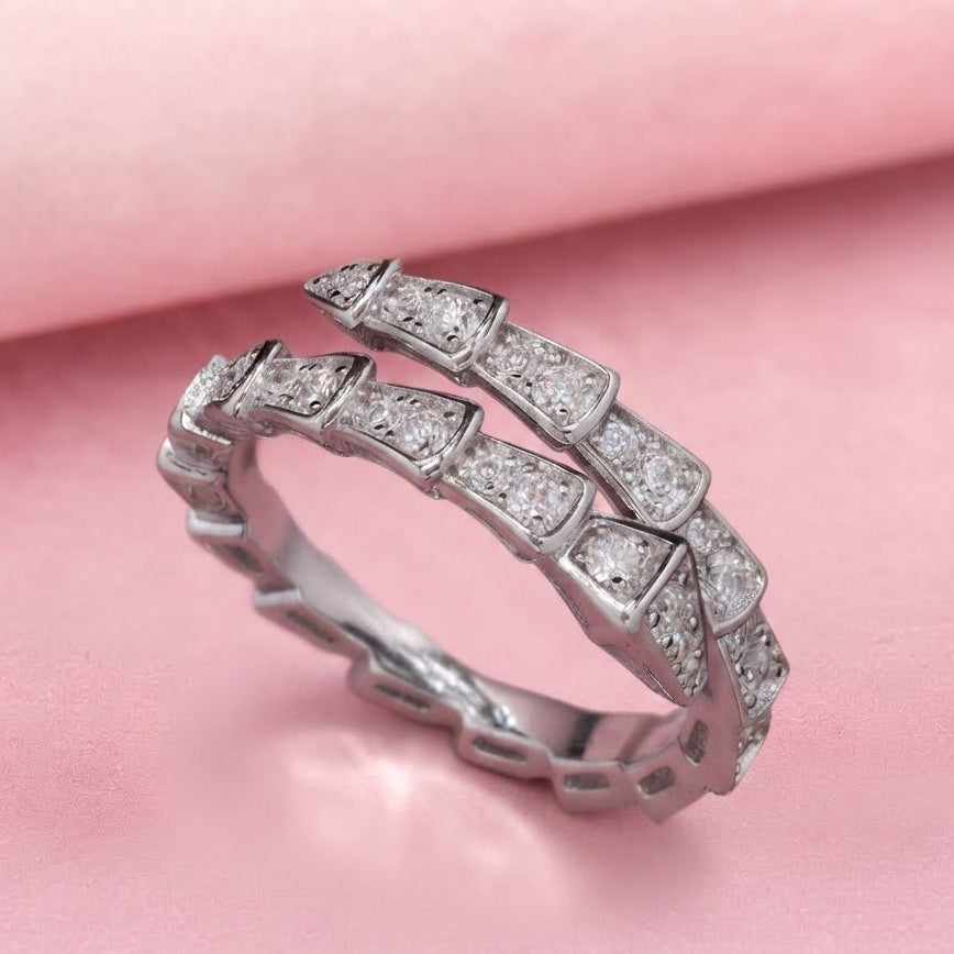 Sterling Silver with Moissanite Serpent Coil Ring| Snake Ring
