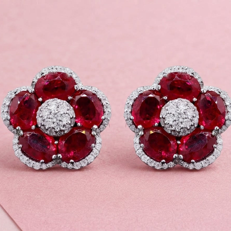 Lab-Created Gemstone Floral studs Earrings with Moissanite in 925 Silver