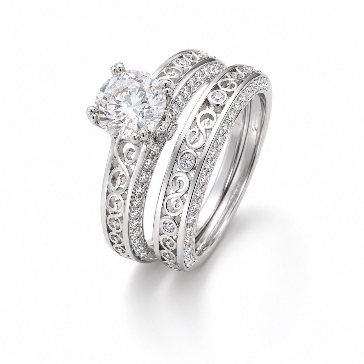Elegant design Filigree Engagement Ring with Moissanite in Sterling Silver