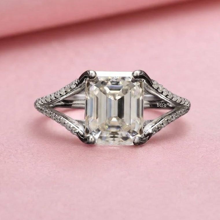 Emerald Cut Split Shank Ring with Moissanite in Sterling Silver