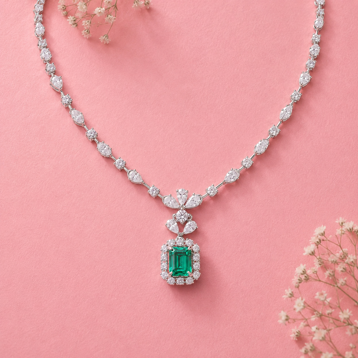 Classic Lab-Grown Emerald Necklace in Sterling Silver with Moissanite