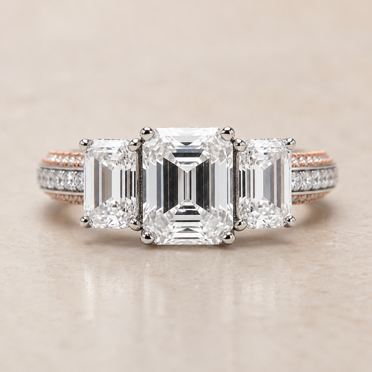 3 stone Engagement Emerald cut Ring with Moissanite in Sterling Silver