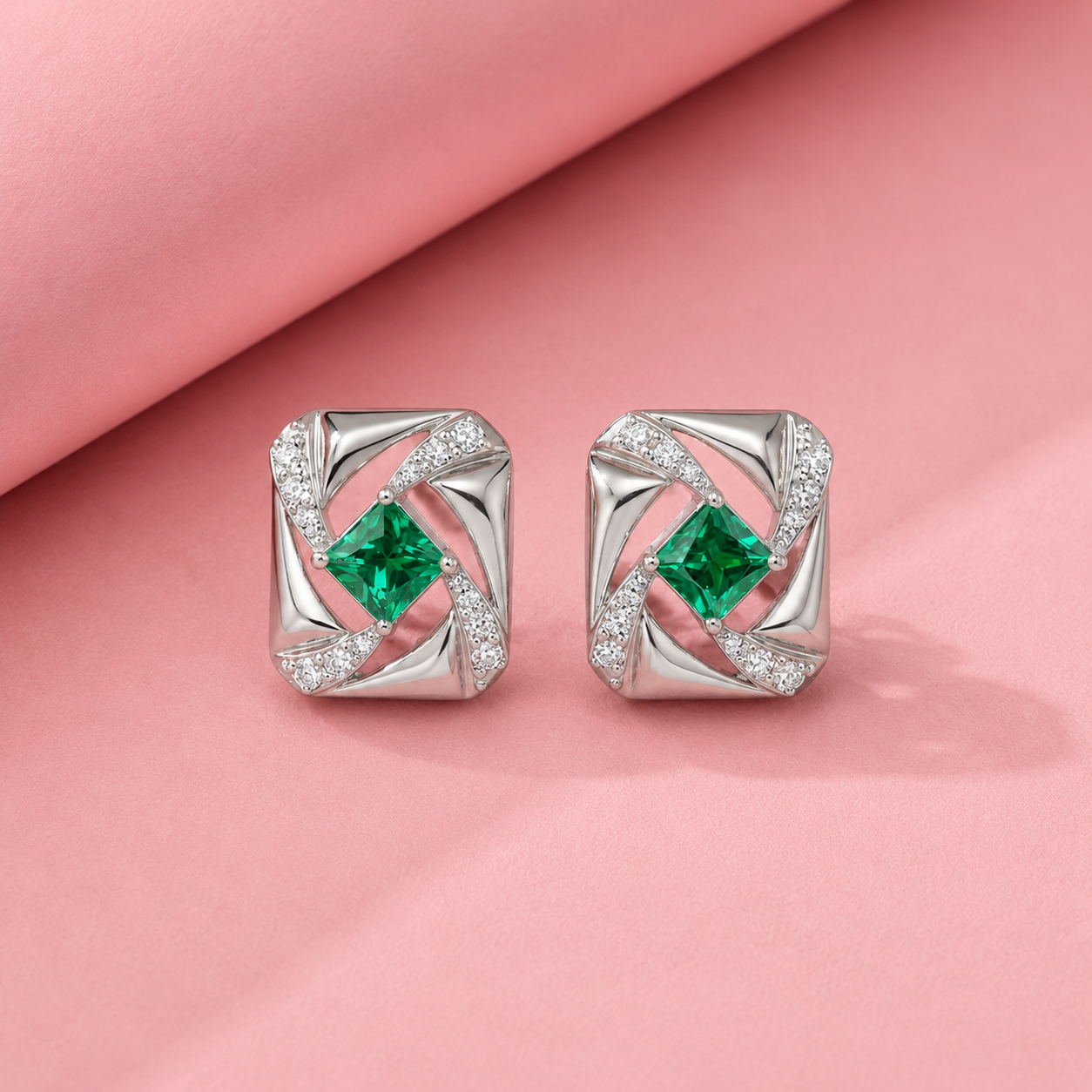 Lab Grown Emerald Elara Studs in Sterling silver with Moissanite