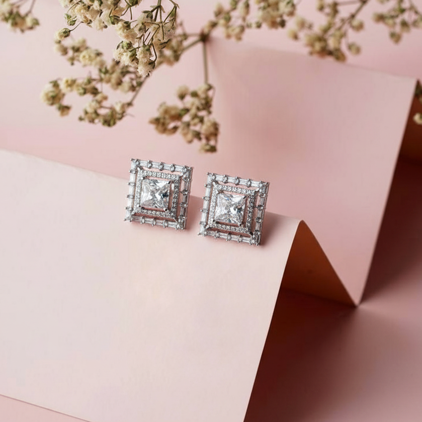 Radiant Square Sterling Silver Studs in Moissanite for party wear
