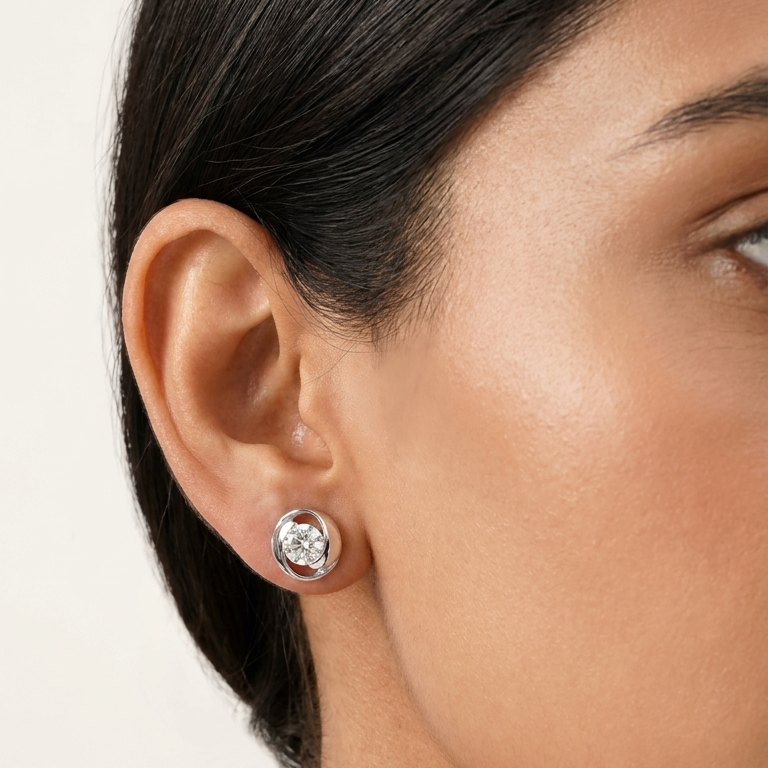 Swirl Stone Round Moissanite Diamond Sterling SIlver Studs