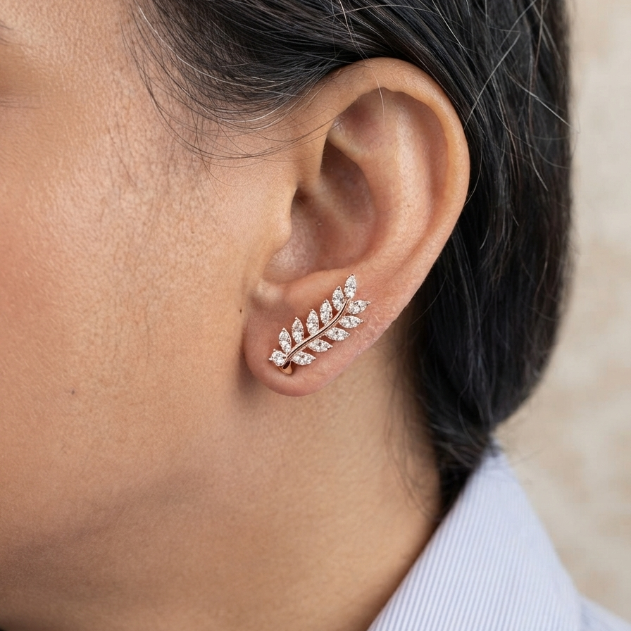 Leaf Earring in Rose-Gold with moissanite and Sterling Silver