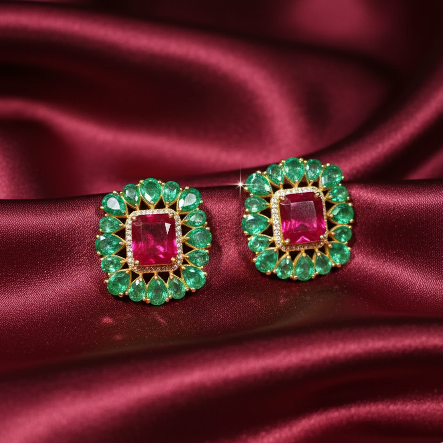 Lab-Grown Emerald Earrings with Ruby in 925 Sterling Silver