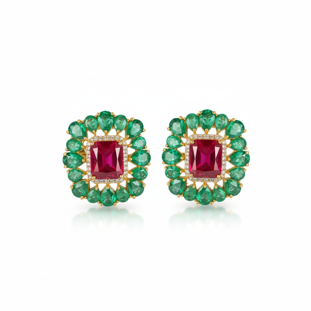 Lab-Grown Emerald Earrings with Ruby in 925 Sterling Silver
