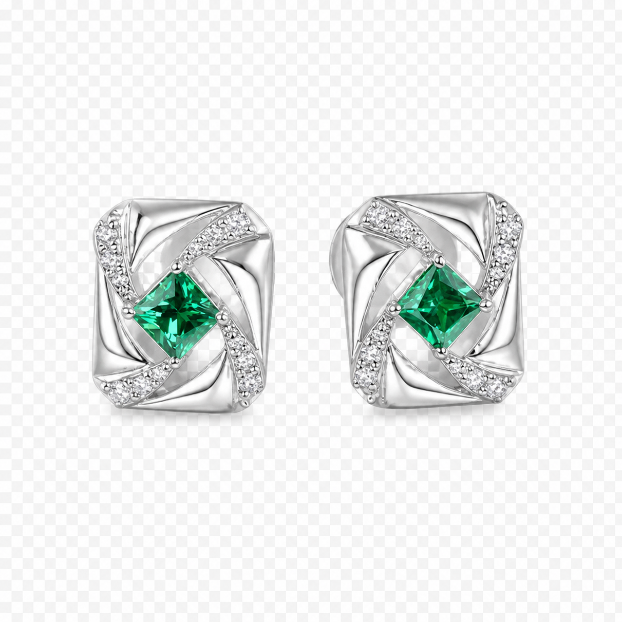 Lab Grown Emerald Elara Studs in Sterling silver with Moissanite