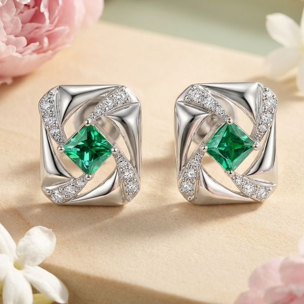 Lab Grown Emerald Elara Studs in Sterling silver with Moissanite