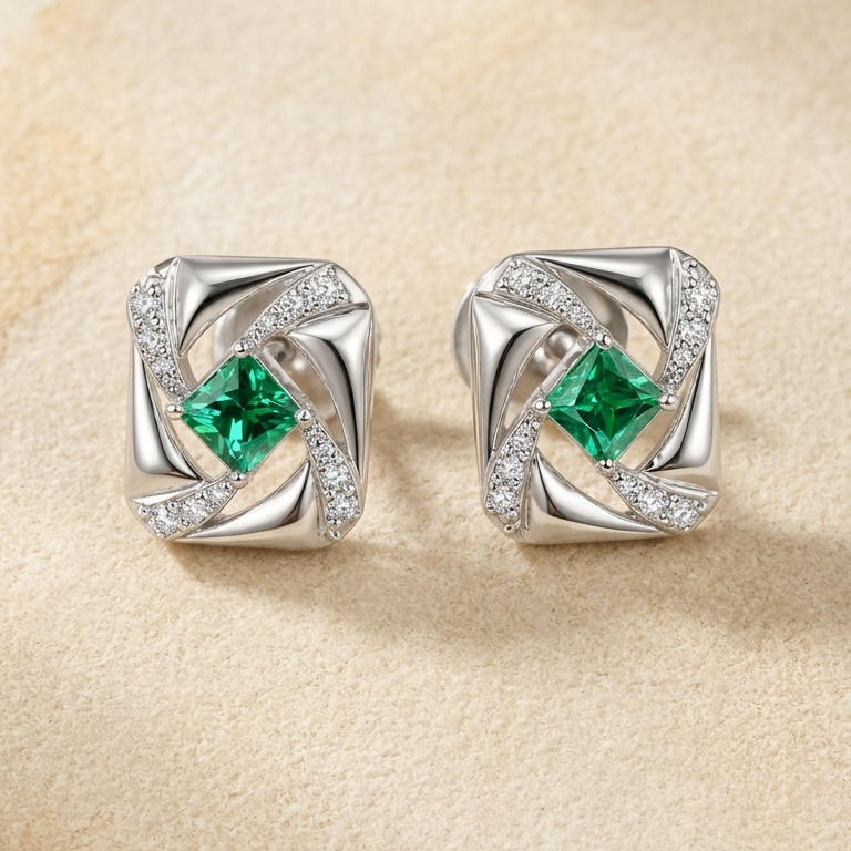 Lab Grown Emerald Elara Studs in Sterling silver with Moissanite