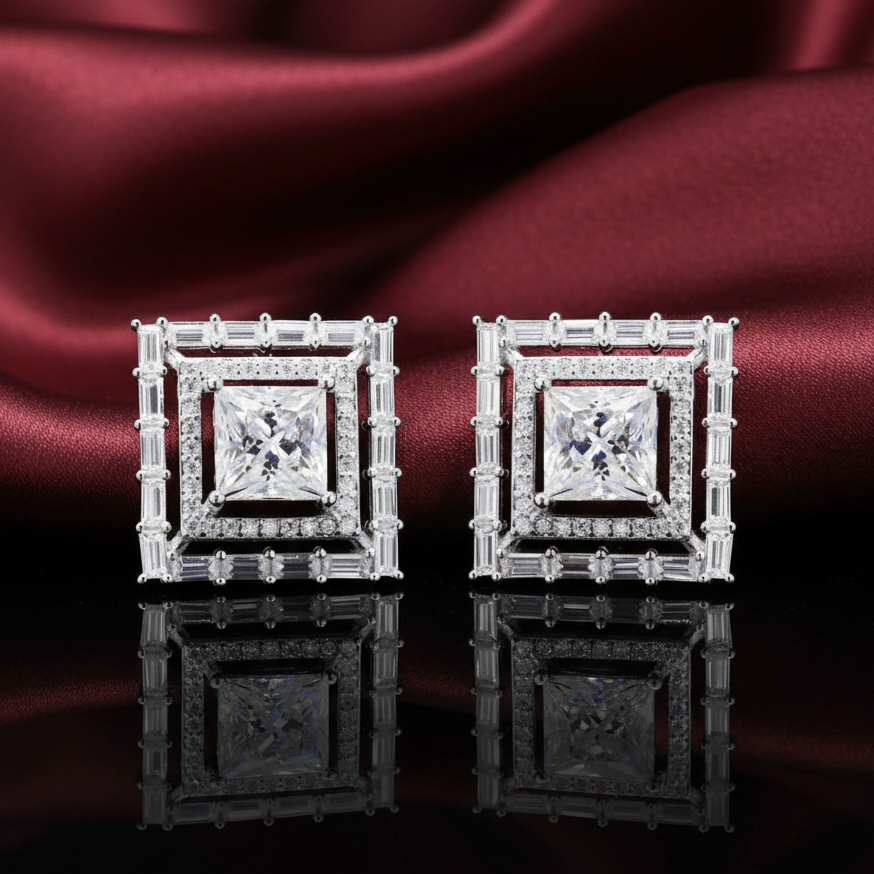 Radiant Square Sterling Silver Studs in Moissanite for party wear