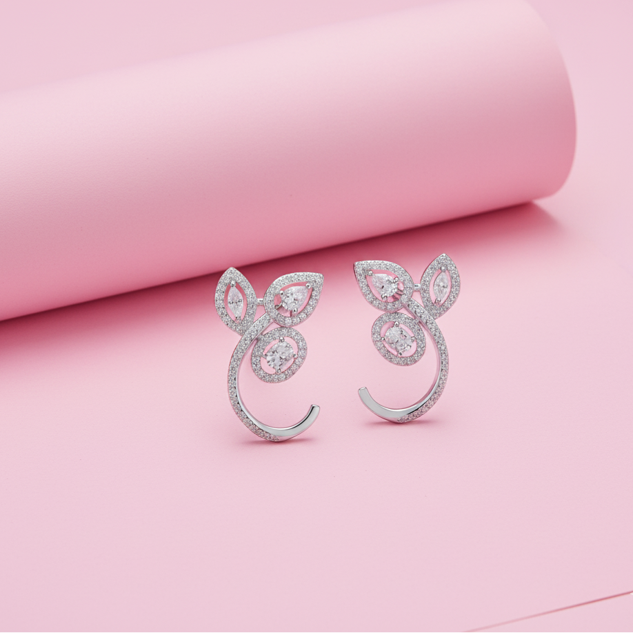 Flower Leaf-Shape Sterling Silver Moissanite Earrings