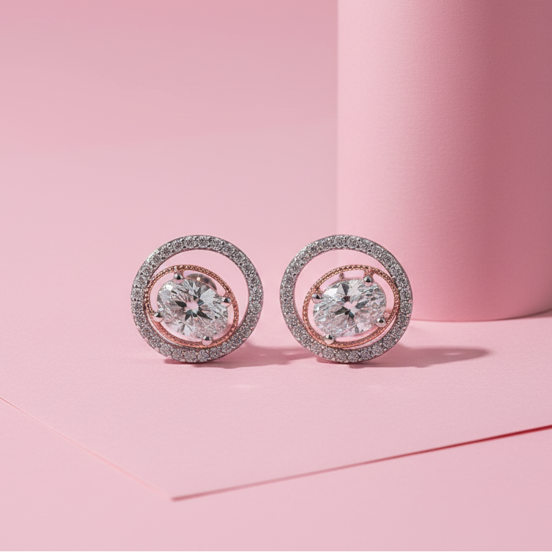 Oval Halo Solitaire Sterling Silver Moissanite Studs Earrings