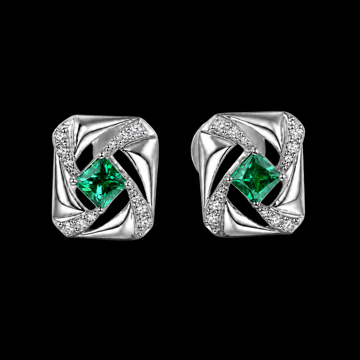 Lab Grown Emerald Elara Studs in Sterling silver with Moissanite