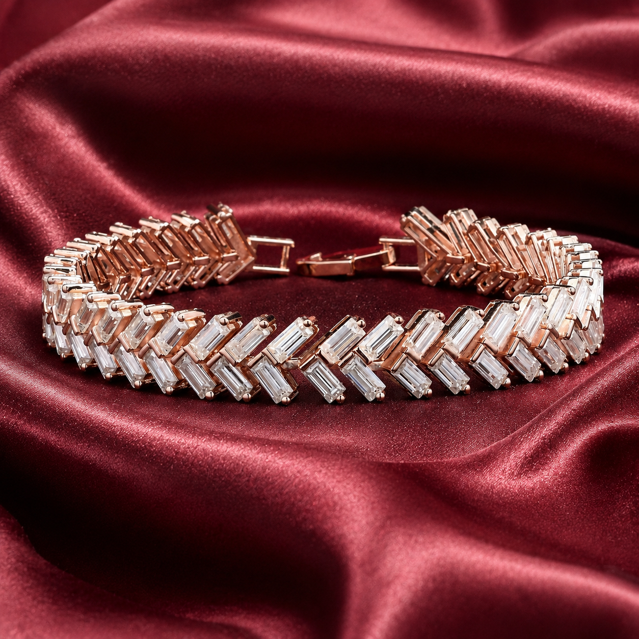 Zipper Tennis Bracelet in Moissanite with Silver in Rose Gold Rhodium