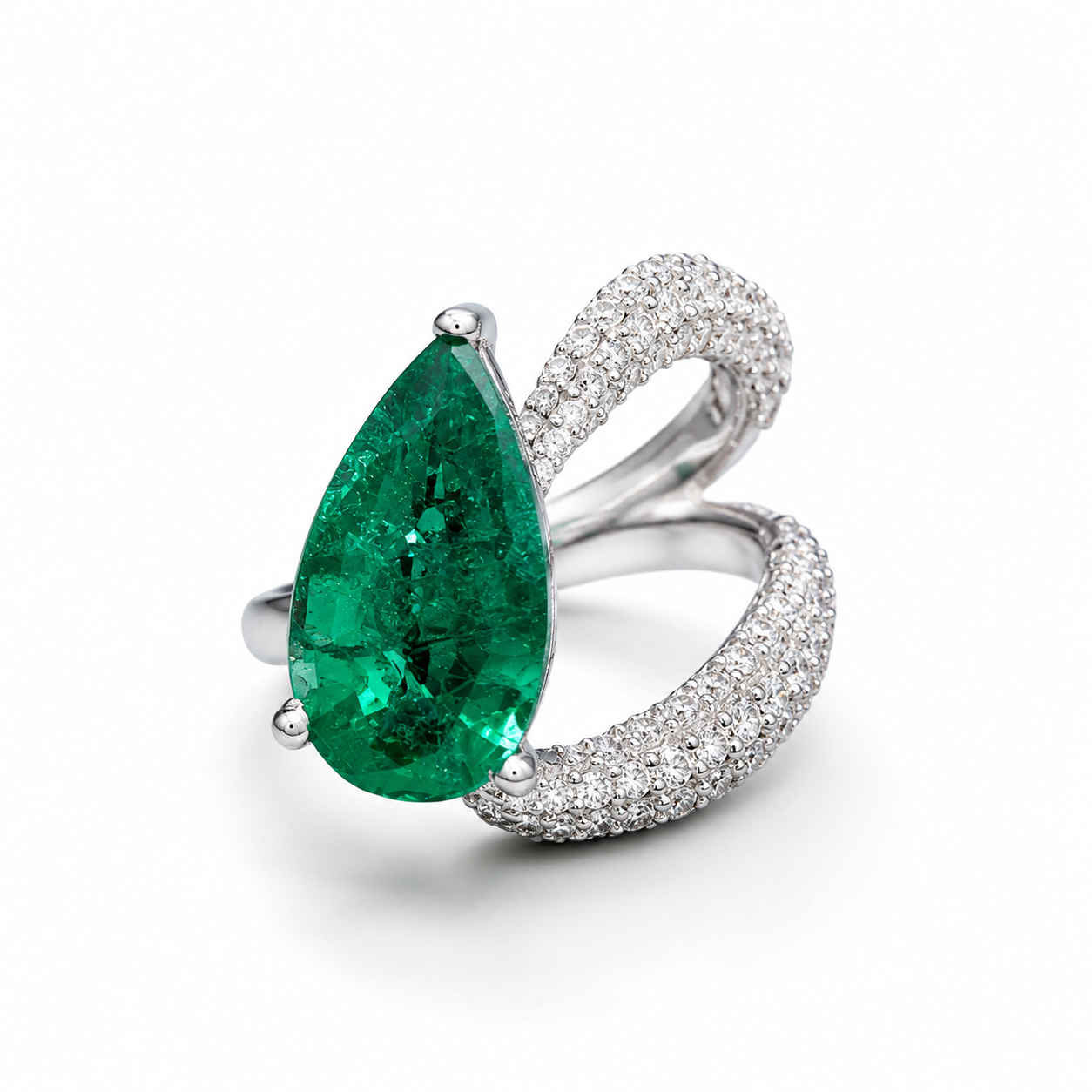 Pear shape Lab Grown Emerald Ring with Moissanite and Sterling Silver