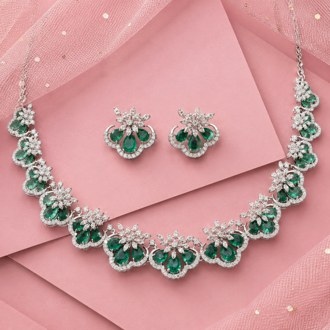 Festive Lab Grown Emerald Moissanite Necklace in 925 Silver