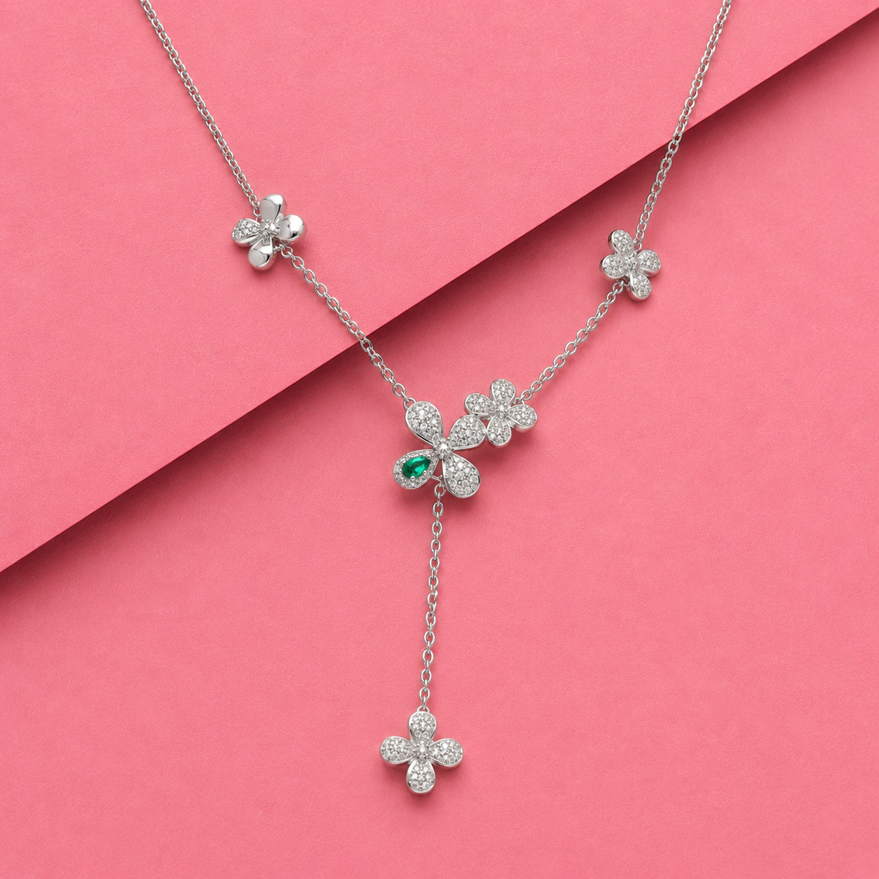 Lab Grown Emerald With Moissanite Floral Pendant in Silver