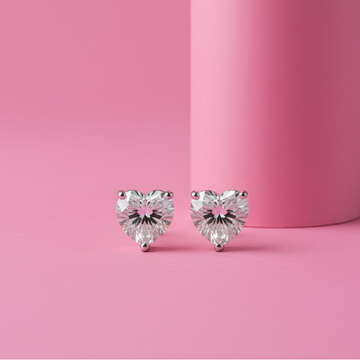 Heart Shape Moissanite Diamond Studs in Sterling Silver