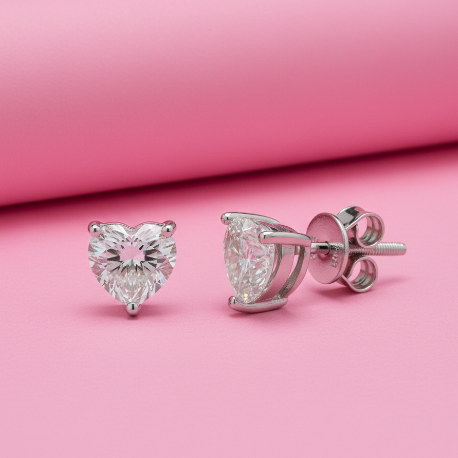 Heart Shape Moissanite Diamond Studs in Sterling Silver