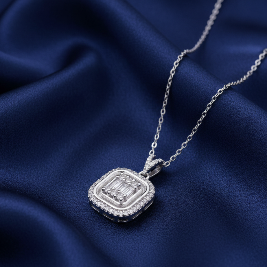 Emerald Shaped Moissanite Pendant in Silver