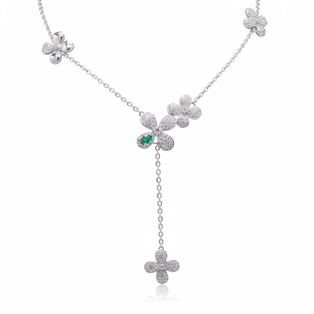 Lab Grown Emerald With Moissanite Floral Pendant in Silver