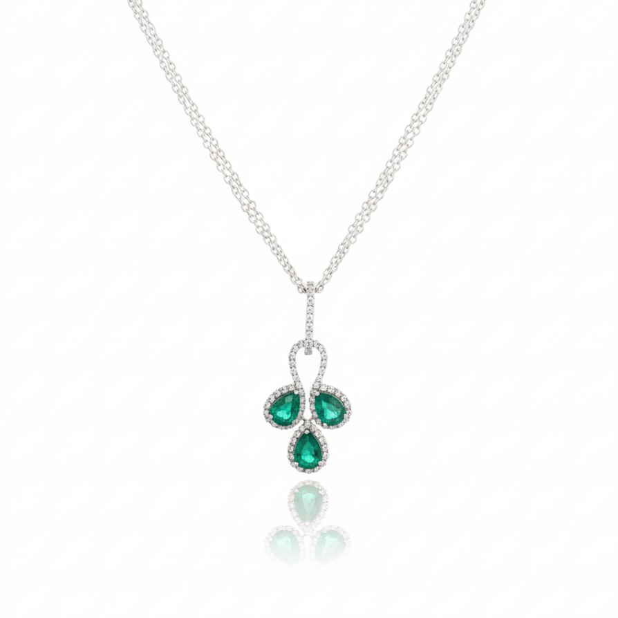 3 Petals Lab Grown Emerald Pendant with Moissanite in Sterling Silver