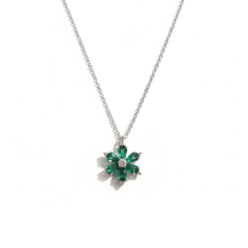 Lab Grown Emerald Flower Pendant with Moissanite in Sterling Silver